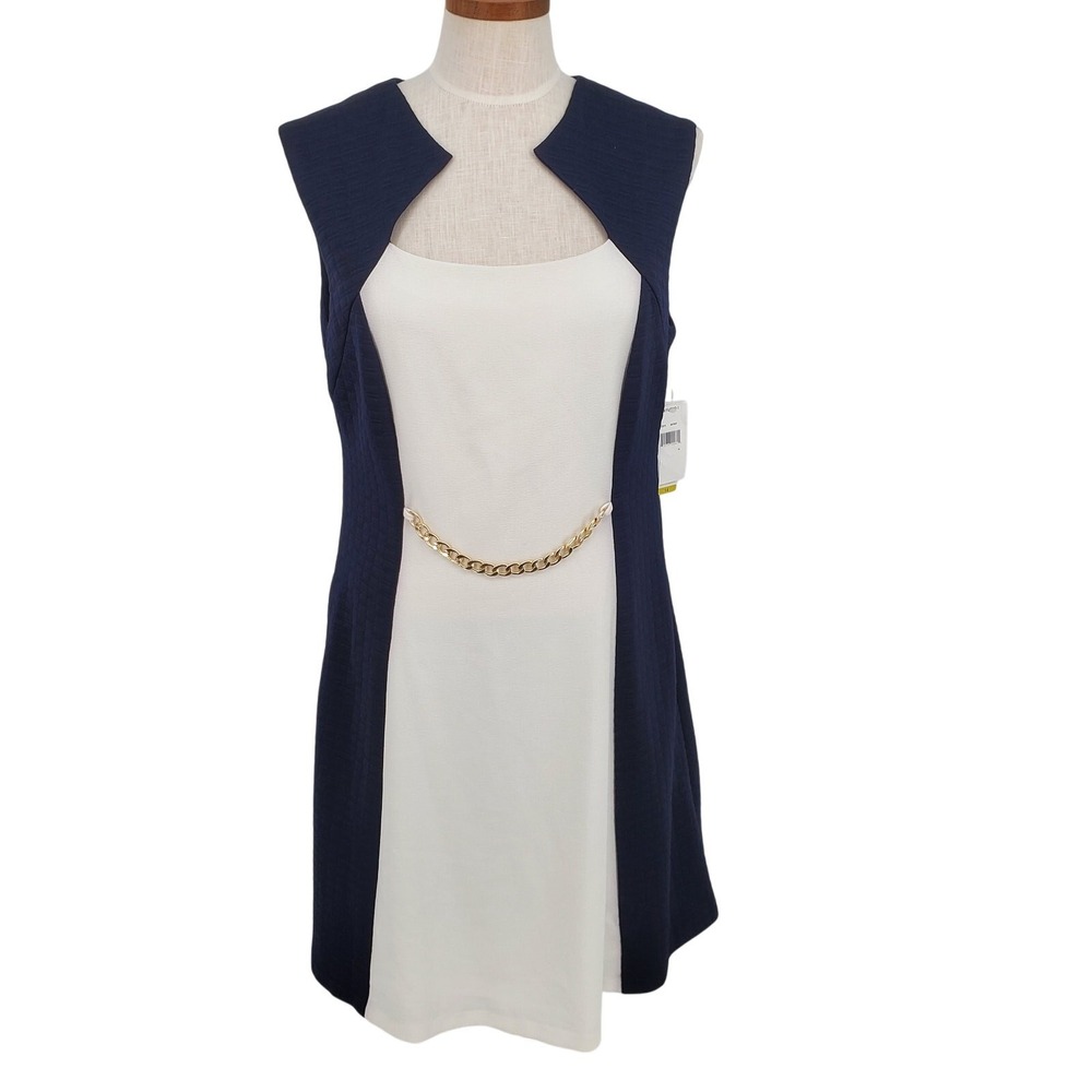 Sandra Darren Womens 14 Navy Ivory Colorblock Chain Waist Sheath Dress 70771 New